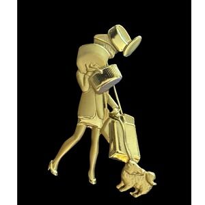 Vintage AJC Shopping Lady Brooch Gold Tone Woman Dog Pin 1990s Figural Statement
